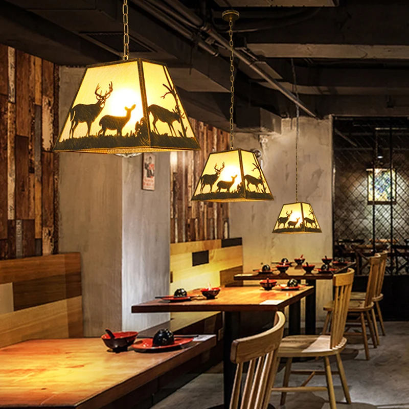 Rustieke trapeziumvormige hanglamp 1 lichtmetalen hanglamp bruin voor restaurant met elandenpatroon Clearhalo