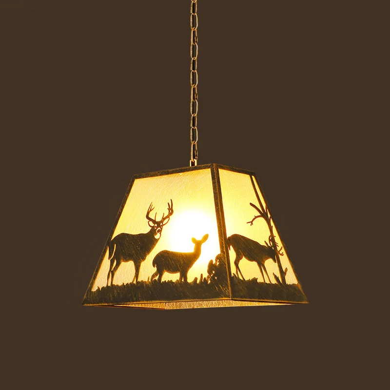 Rustieke trapeziumvormige hanglamp 1 lichtmetalen hanglamp bruin voor restaurant met elandenpatroon Clearhalo