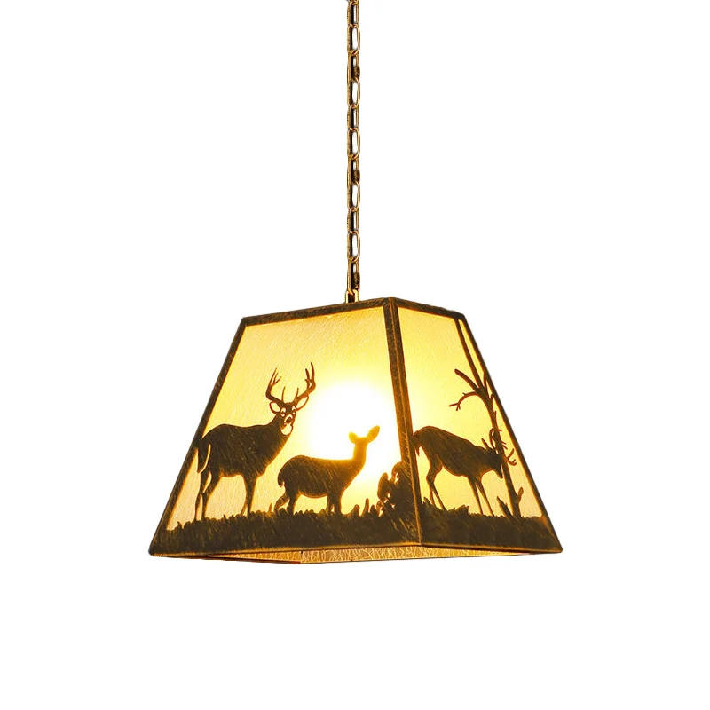 Rustieke trapeziumvormige hanglamp 1 lichtmetalen hanglamp bruin voor restaurant met elandenpatroon Clearhalo
