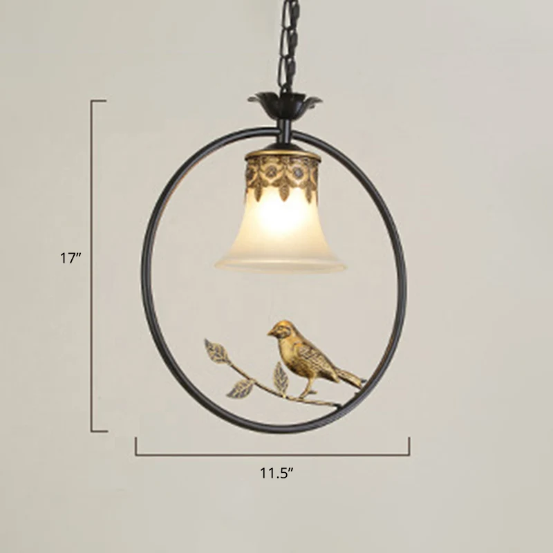 Rustieke uitlopende hanglamp, enkele matglazen hanglamp met vogel en ring zwart-brons Clearhalo