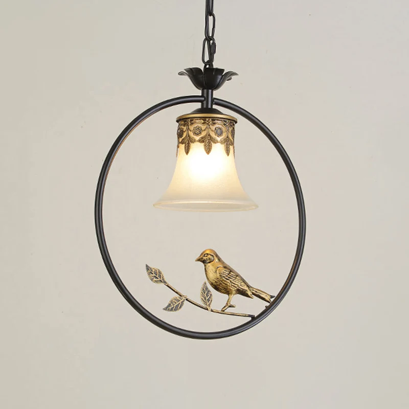 Rustieke uitlopende hanglamp, enkele matglazen hanglamp met vogel en ring zwart-brons Clearhalo