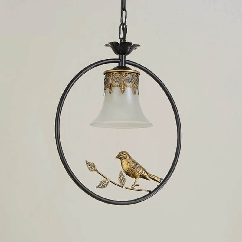 Rustieke uitlopende hanglamp, enkele matglazen hanglamp met vogel en ring zwart-brons Clearhalo