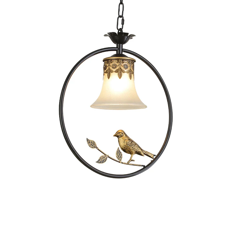 Rustieke uitlopende hanglamp, enkele matglazen hanglamp met vogel en ring zwart-brons Clearhalo
