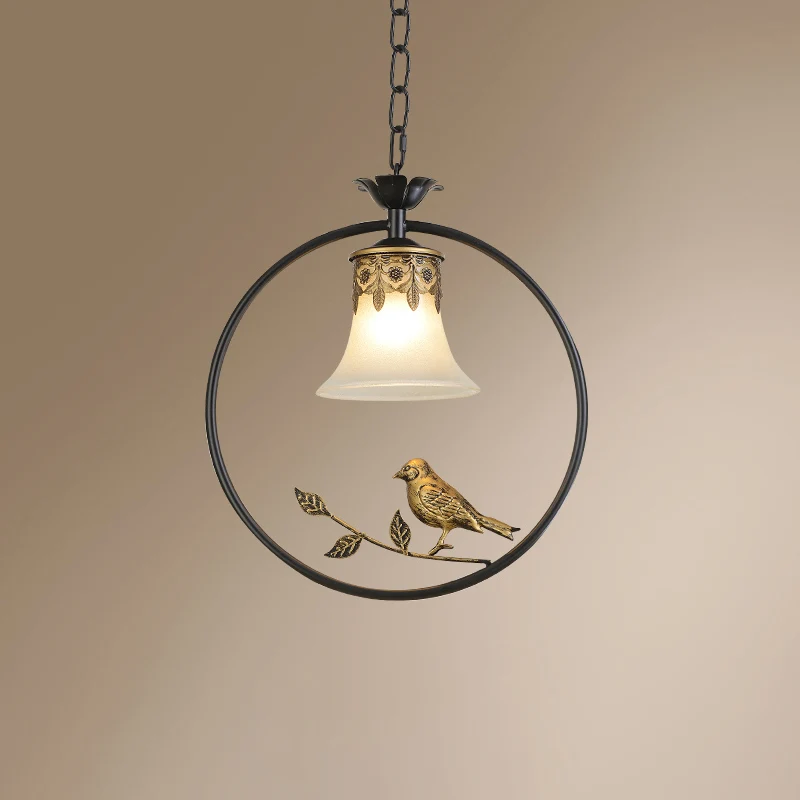 Rustieke uitlopende hanglamp, enkele matglazen hanglamp met vogel en ring zwart-brons Clearhalo