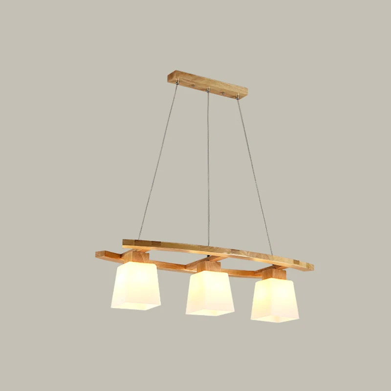 Scandinavische persoonlijkheid houten eilandhanger met trapeziumvormige glazen lampenkap eettafel hanglamp Clearhalo