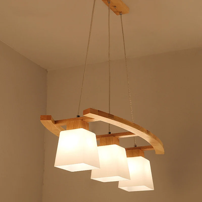 Scandinavische persoonlijkheid houten eilandhanger met trapeziumvormige glazen lampenkap eettafel hanglamp Clearhalo