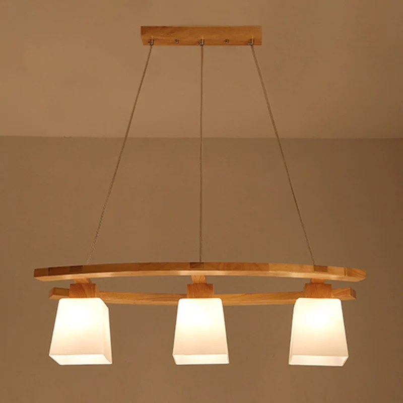Scandinavische persoonlijkheid houten eilandhanger met trapeziumvormige glazen lampenkap eettafel hanglamp Clearhalo