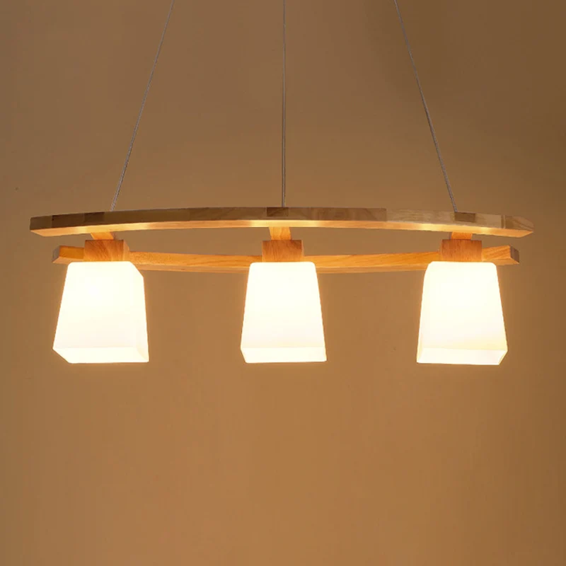 Scandinavische persoonlijkheid houten eilandhanger met trapeziumvormige glazen lampenkap eettafel hanglamp Clearhalo