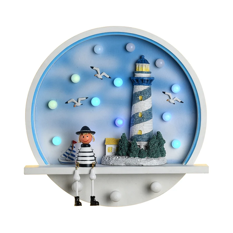 Schijf houten wandverlichting idee kinderstijl LED blauwe wandkandelaar met stripfiguurontwerp Clearhalo