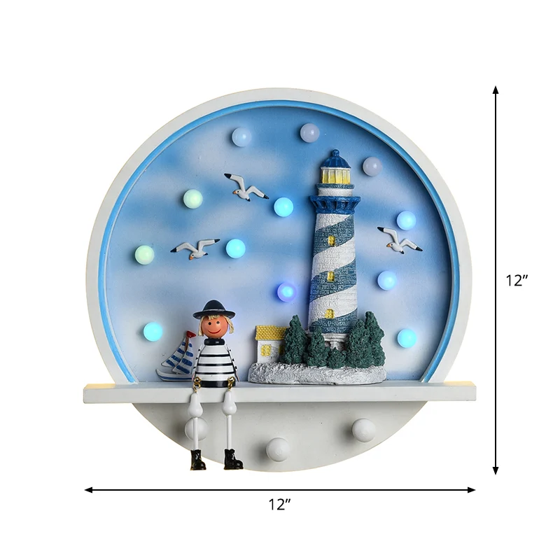 Schijf houten wandverlichting idee kinderstijl LED blauwe wandkandelaar met stripfiguurontwerp Clearhalo