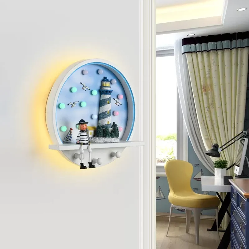 Schijf houten wandverlichting idee kinderstijl LED blauwe wandkandelaar met stripfiguurontwerp Clearhalo