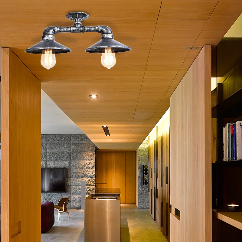 Schotel smeedijzer semi-inbouw licht industrieel stijlvol 2 lampen woonkamer plafondmontage licht brons/verouderd zilver C...