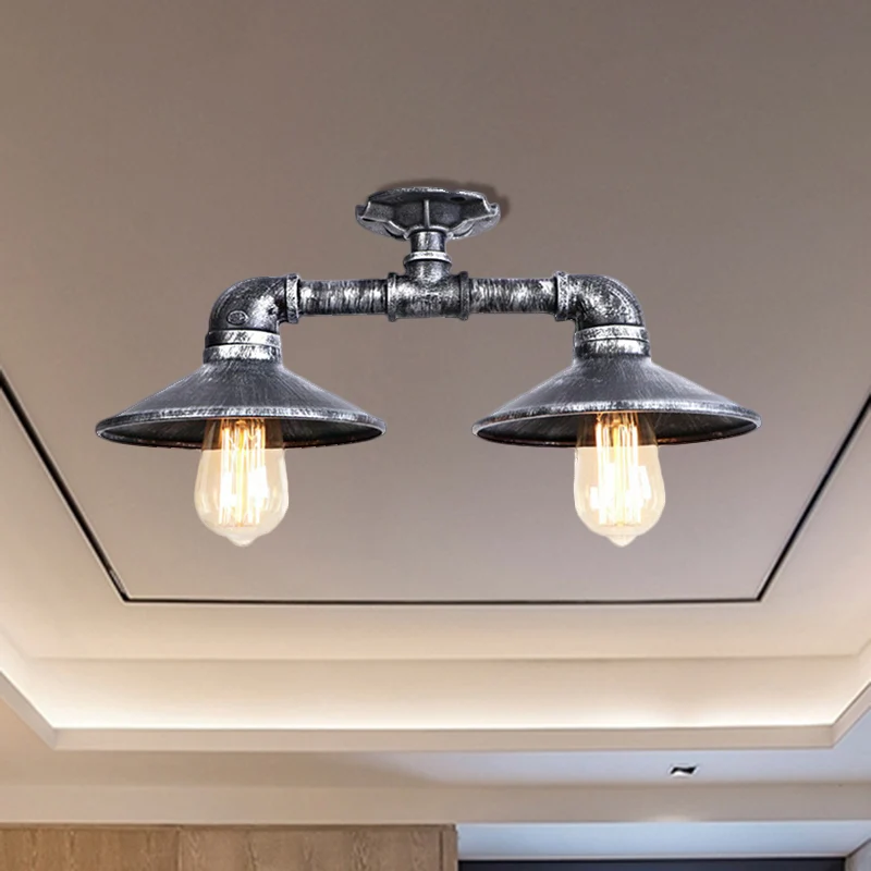 Schotel smeedijzer semi-inbouw licht industrieel stijlvol 2 lampen woonkamer plafondmontage licht brons/verouderd zilver C...