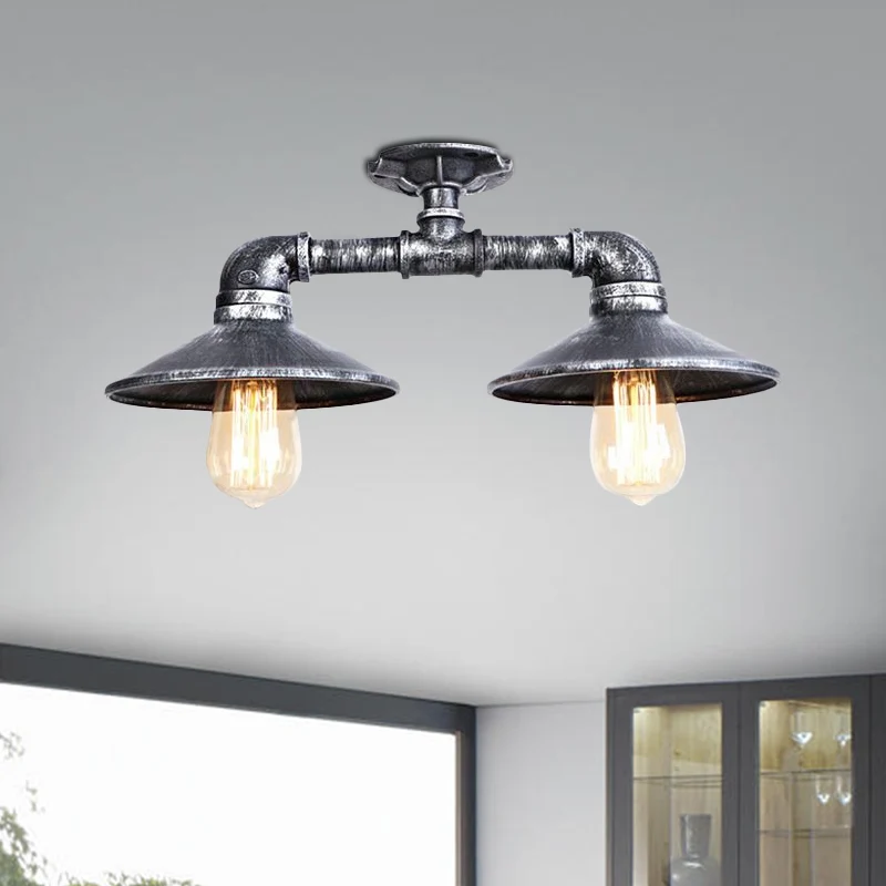 Schotel smeedijzer semi-inbouw licht industrieel stijlvol 2 lampen woonkamer plafondmontage licht brons/verouderd zilver C...