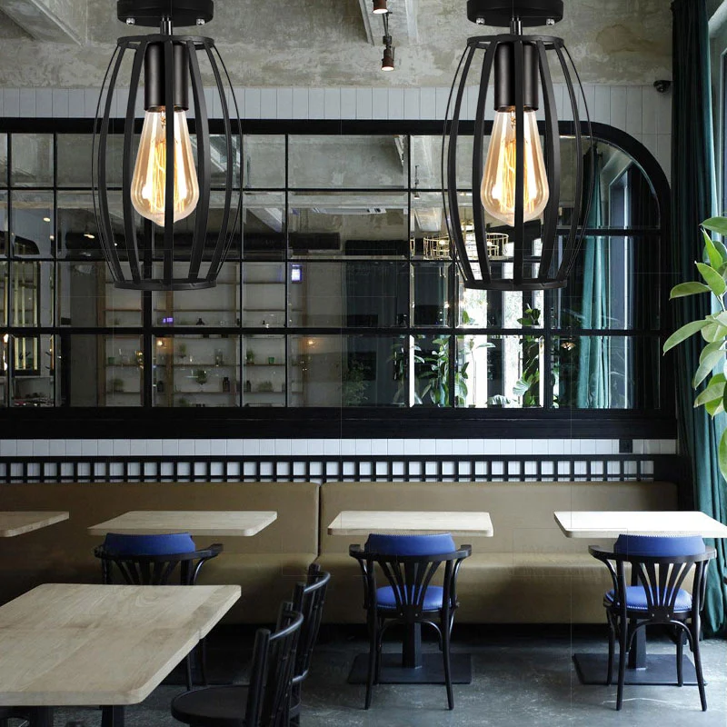 Schuur/ovaal restaurant Semi-inbouwlamp met kooischaduw Boerderij Metaal 1-lichts Zwart plafondlamparmatuur Clearhalo