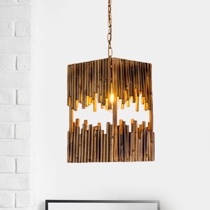 Set met 1 kop hangende lichtset, landelijk geëtst rechthoekig/trapeziumvormig houten plafondhanger bruin voor restaurant C...