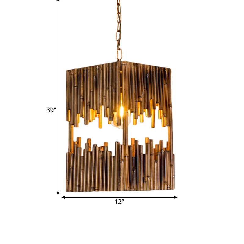 Set met 1 kop hangende lichtset, landelijk geëtst rechthoekig/trapeziumvormig houten plafondhanger bruin voor restaurant C...