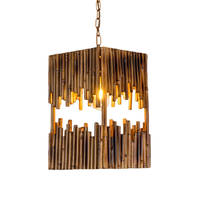 Set met 1 kop hangende lichtset, landelijk geëtst rechthoekig/trapeziumvormig houten plafondhanger bruin voor restaurant C...