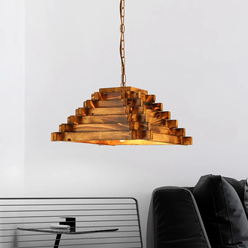 Set met 1 kop hangende lichtset, landelijk geëtst rechthoekig/trapeziumvormig houten plafondhanger bruin voor restaurant C...
