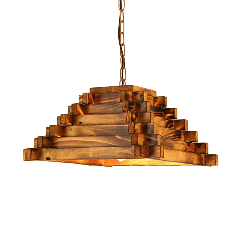 Set met 1 kop hangende lichtset, landelijk geëtst rechthoekig/trapeziumvormig houten plafondhanger bruin voor restaurant C...