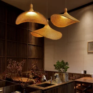 Set van beige strohoedvormige hanglampenset Aziatische 1-lichts rotan plafondhanglamp voor eettafel Clearhalo