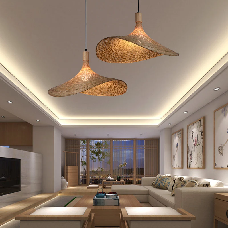 Set van beige strohoedvormige hanglampenset Aziatische 1-lichts rotan plafondhanglamp voor eettafel Clearhalo