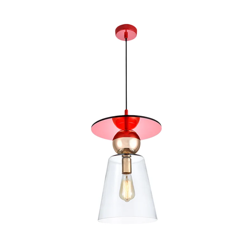Set van helder glazen komvormige hanglampen, moderne plafondophanglamp met 1 kop en rode schijftop Clearhalo