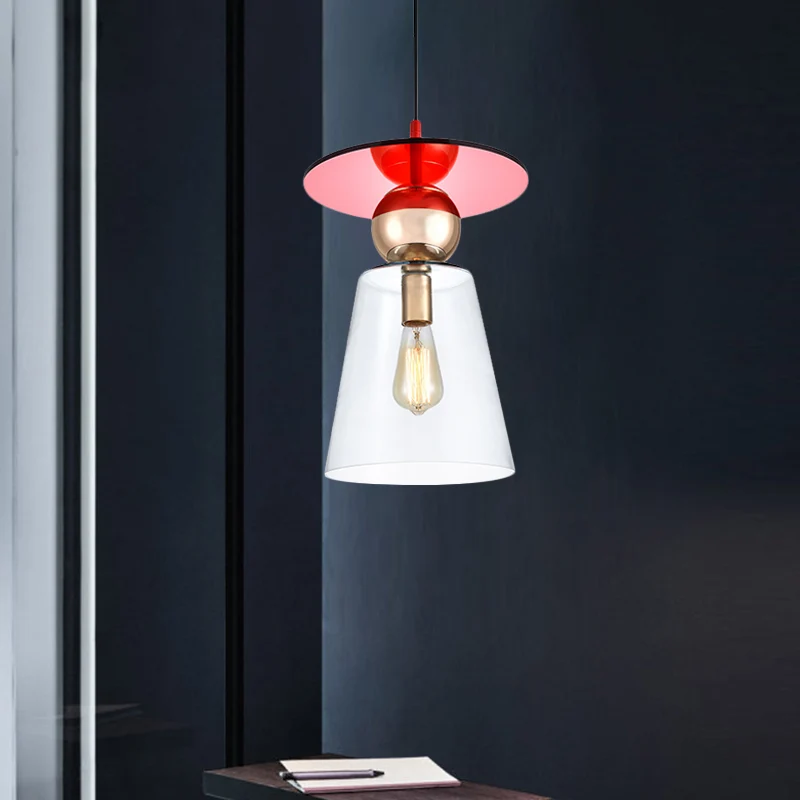 Set van helder glazen komvormige hanglampen, moderne plafondophanglamp met 1 kop en rode schijftop Clearhalo