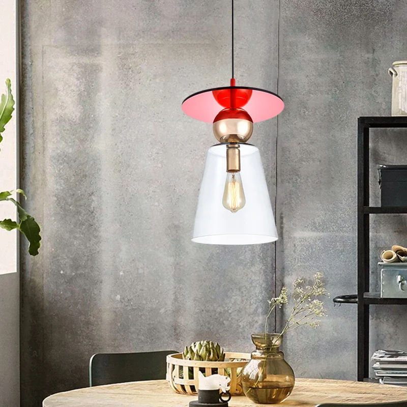 Set van helder glazen komvormige hanglampen, moderne plafondophanglamp met 1 kop en rode schijftop Clearhalo