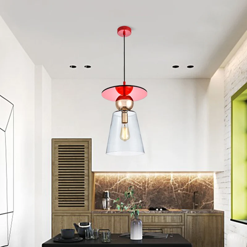 Set van helder glazen komvormige hanglampen, moderne plafondophanglamp met 1 kop en rode schijftop Clearhalo