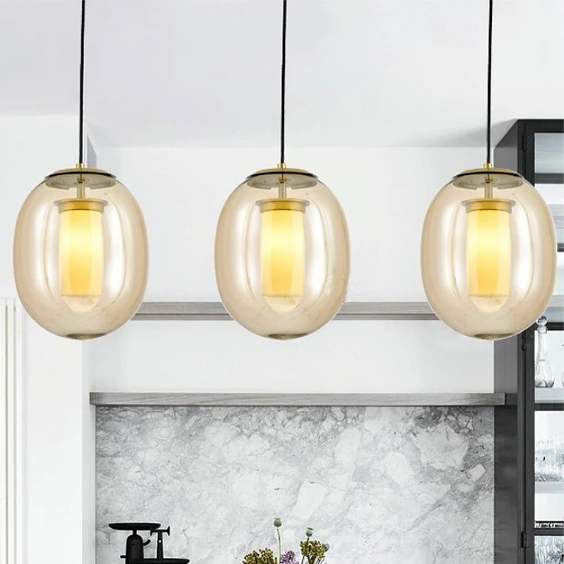 Set van helder glazen ovale hanglampen, modern, 7"/8,5" breed, 1 kop, gouden hanglamp voor eetkamer Clearhalo