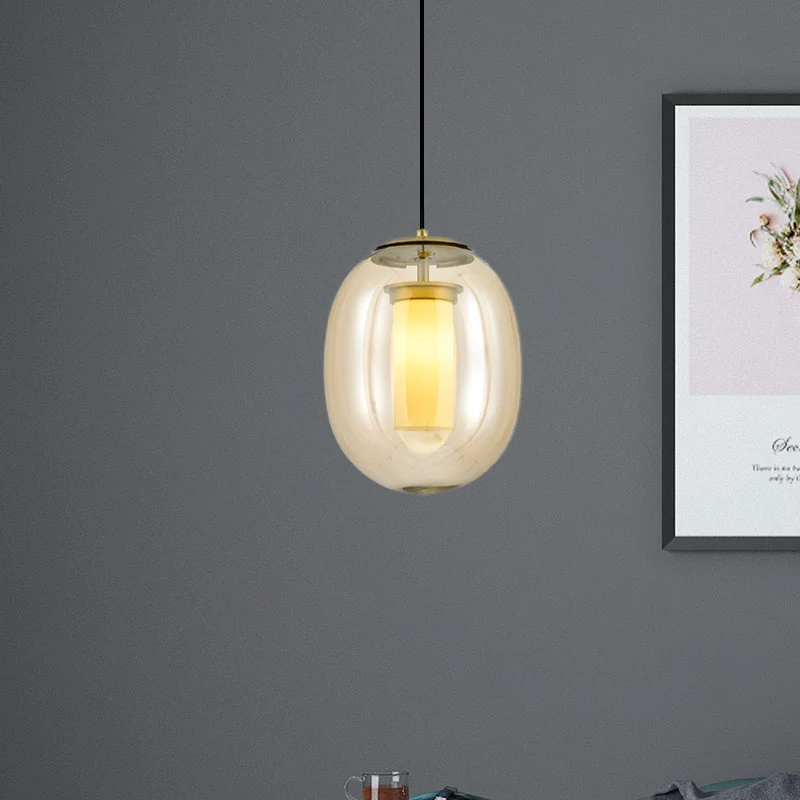 Set van helder glazen ovale hanglampen, modern, 7"/8,5" breed, 1 kop, gouden hanglamp voor eetkamer Clearhalo