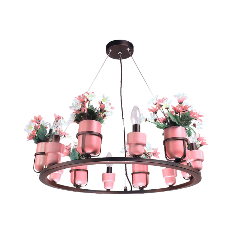 Set van 6 lampen metalen kroonluchter industriële roze/blauwe ronde hanglampenset met kaarsontwerp Clearhalo