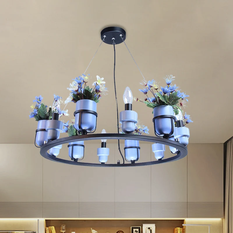 Set van 6 lampen metalen kroonluchter industriële roze/blauwe ronde hanglampenset met kaarsontwerp Clearhalo