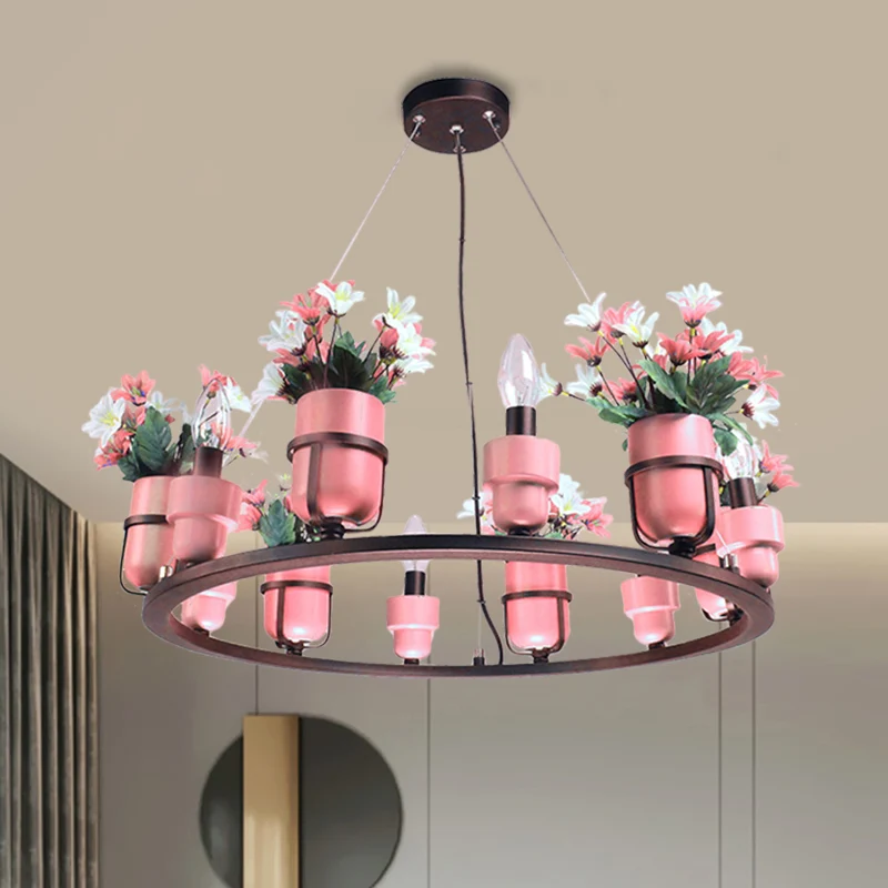 Set van 6 lampen metalen kroonluchter industriële roze/blauwe ronde hanglampenset met kaarsontwerp Clearhalo