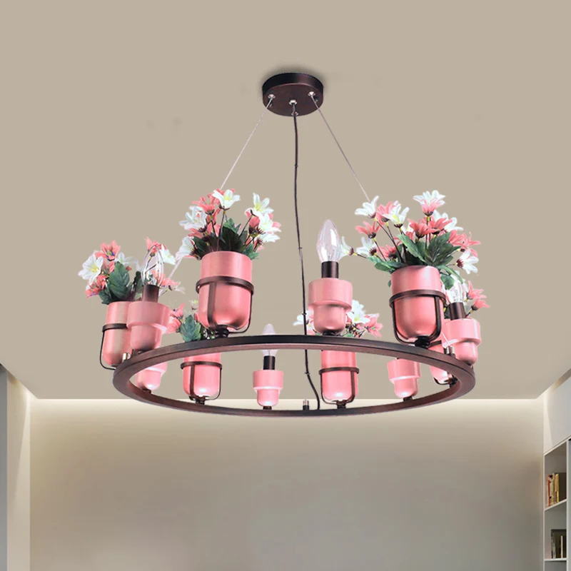 Set van 6 lampen metalen kroonluchter industriële roze/blauwe ronde hanglampenset met kaarsontwerp Clearhalo