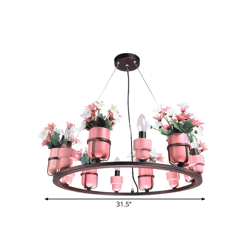 Set van 6 lampen metalen kroonluchter industriële roze/blauwe ronde hanglampenset met kaarsontwerp Clearhalo