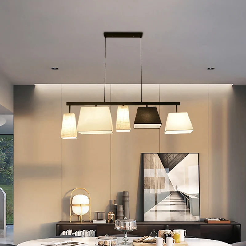 Set van stoffen trapeziumvormige hanglampen, modern 3/5-lichts zwart-wit eilandlicht Clearhalo