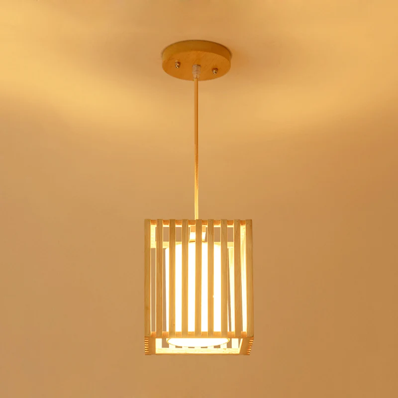 Set vierkante kooi-hanglampen Modern houten 1 lichtbeige hangende plafondlamp met stoffen kap aan de binnenkant Clearhalo