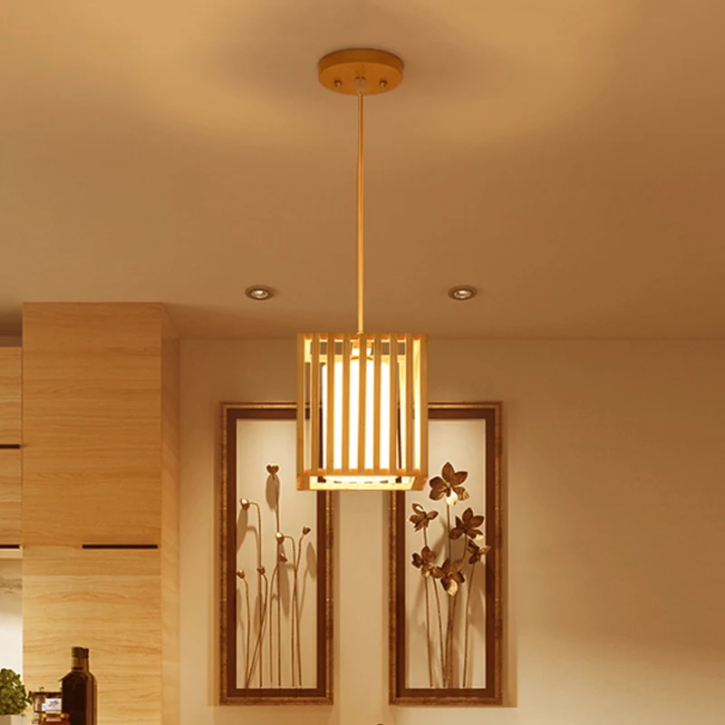 Set vierkante kooi-hanglampen Modern houten 1 lichtbeige hangende plafondlamp met stoffen kap aan de binnenkant Clearhalo