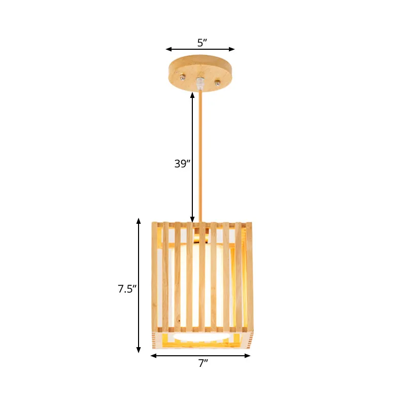 Set vierkante kooi-hanglampen Modern houten 1 lichtbeige hangende plafondlamp met stoffen kap aan de binnenkant Clearhalo