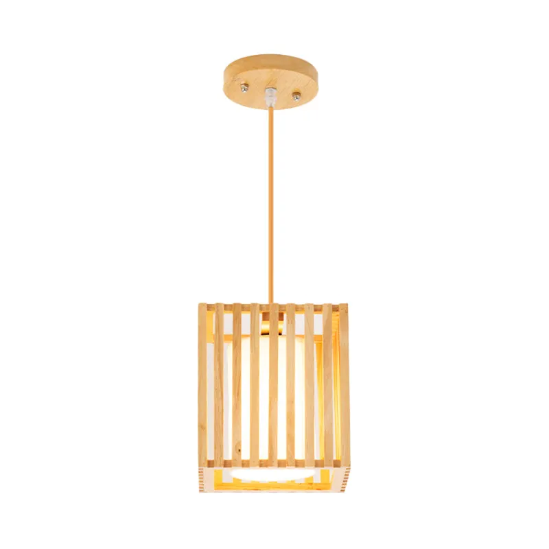 Set vierkante kooi-hanglampen Modern houten 1 lichtbeige hangende plafondlamp met stoffen kap aan de binnenkant Clearhalo