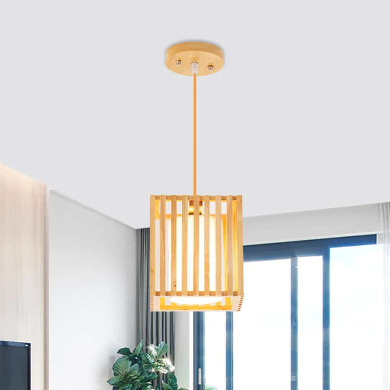 Set vierkante kooi-hanglampen Modern houten 1 lichtbeige hangende plafondlamp met stoffen kap aan de binnenkant Clearhalo