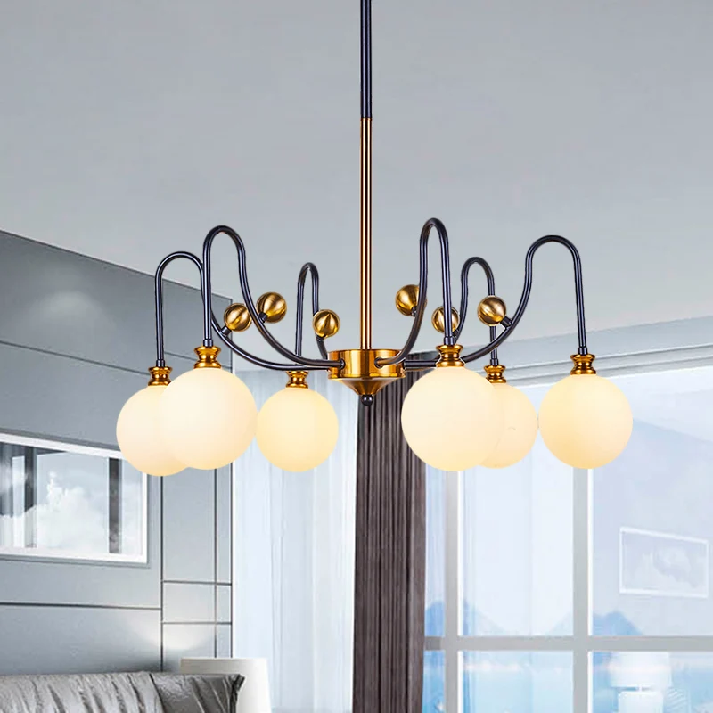Sferische verlichting modernistische opaalglas 6/9 lampen zwart-goud bochtige arm hanger kroonluchter voor woonkamer Clear...