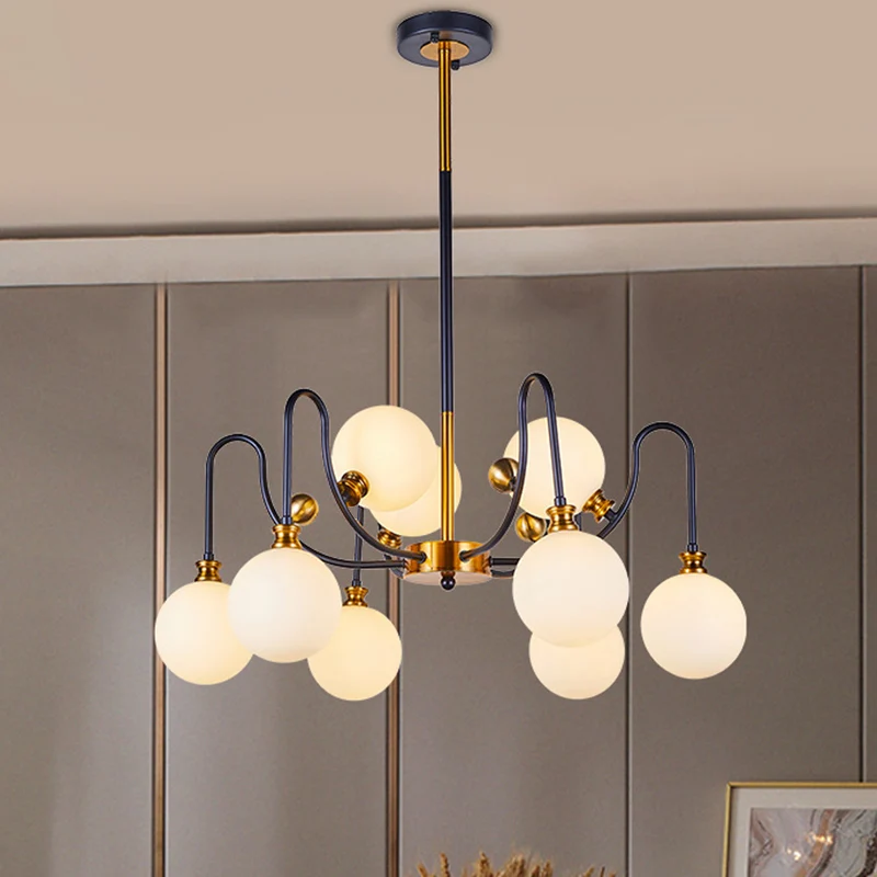 Sferische verlichting modernistische opaalglas 6/9 lampen zwart-goud bochtige arm hanger kroonluchter voor woonkamer Clear...