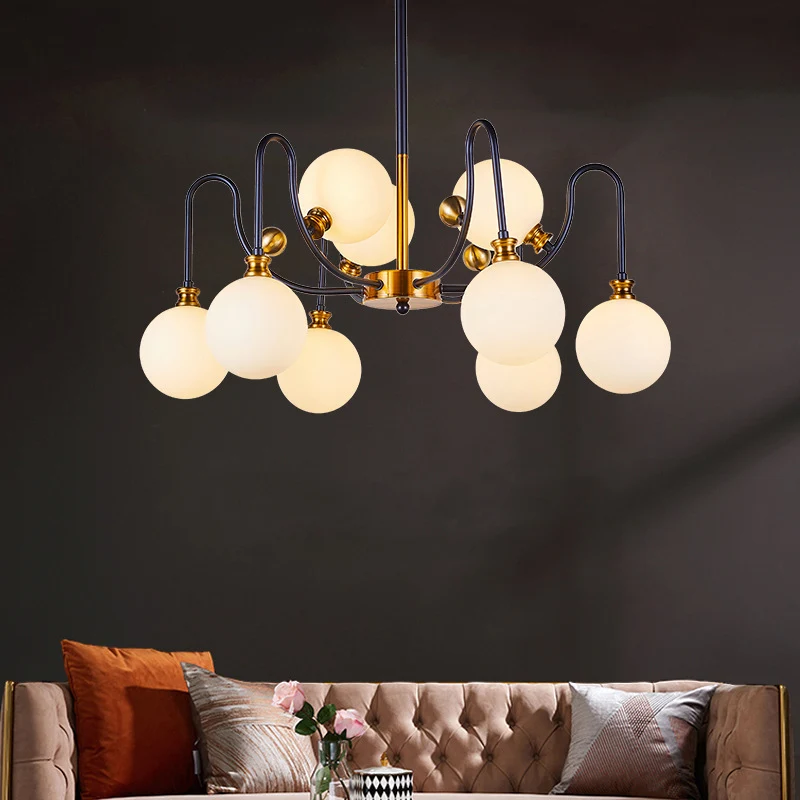 Sferische verlichting modernistische opaalglas 6/9 lampen zwart-goud bochtige arm hanger kroonluchter voor woonkamer Clear...