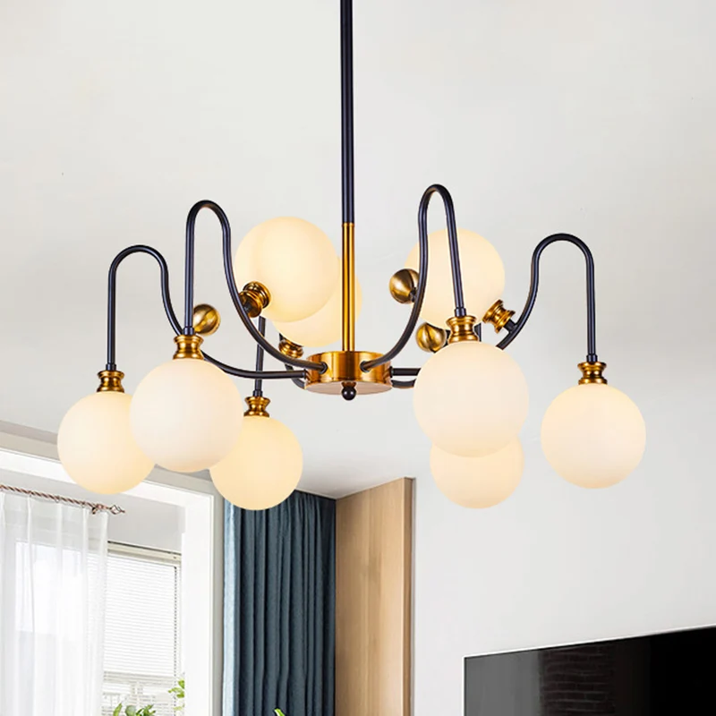 Sferische verlichting modernistische opaalglas 6/9 lampen zwart-goud bochtige arm hanger kroonluchter voor woonkamer Clear...