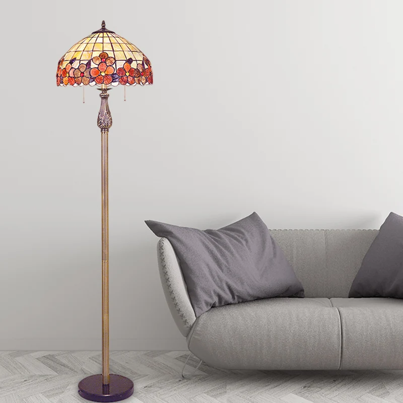 Shell Rode Staande Vloerlamp Lattice Bowl 2 Lichten Mediterrane Stand Up Light met Bloemenpatroon Clearhalo
