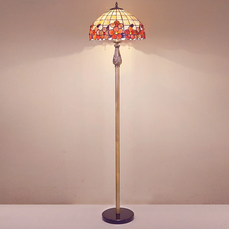 Shell Rode Staande Vloerlamp Lattice Bowl 2 Lichten Mediterrane Stand Up Light met Bloemenpatroon Clearhalo