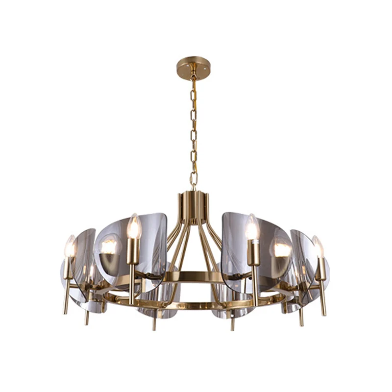 Shield Parlor Plafondlamp Rokerig Grijs Glas 8 Lichten Postmoderne Kroonluchterverlichting Goud Clearhalo